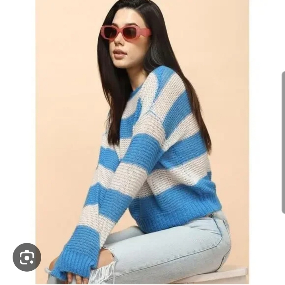 Theory Emigen Linen Blue Gray Striped Sweater LG